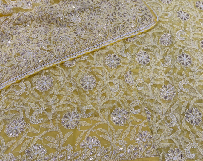 Yellow Chikankari Saree with Gota / Fall and petticoat included/ Free Shipping in US