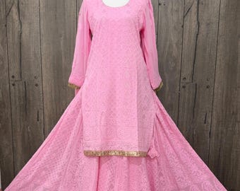 Fine Georgette Pink Chikankari Lehenga , Kurta and Dupatta / Ready to wear- Size Medium/ Free Shipping in US