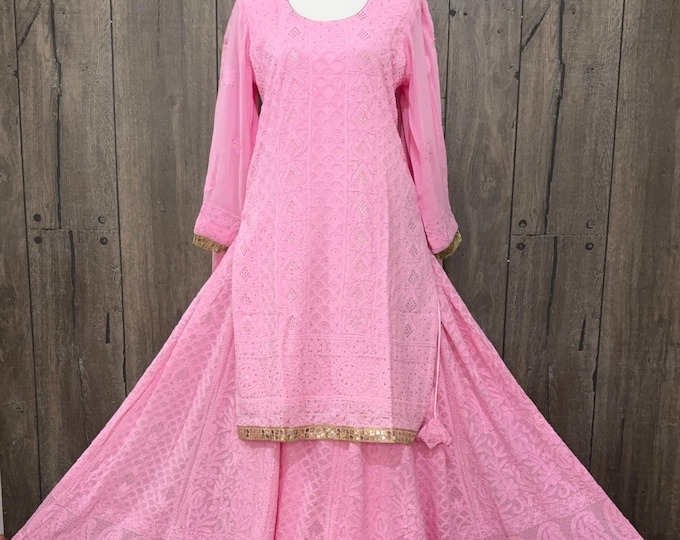 Fine Georgette Pink Chikankari Lehenga , Kurta and Dupatta / Ready to wear- Size Medium/ Free Shipping in US