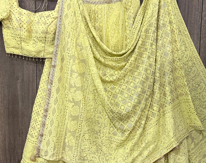 Pure Georgette Chikankari Lehenga Set / Hand Embroidered with Mukaish / Free Shipping in US