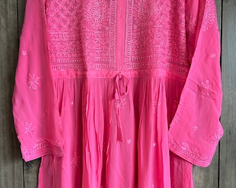 Hot Pink Chikankari Short Kurti Blouse on Fine Georgette / Liner included/ Free Shipping in US