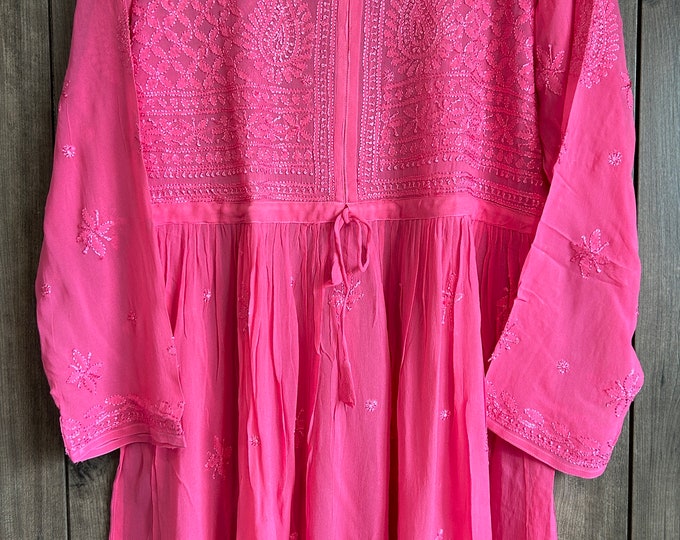 Hot Pink Chikankari Short Kurti Blouse on Fine Georgette / Liner included/ Free Shipping in US