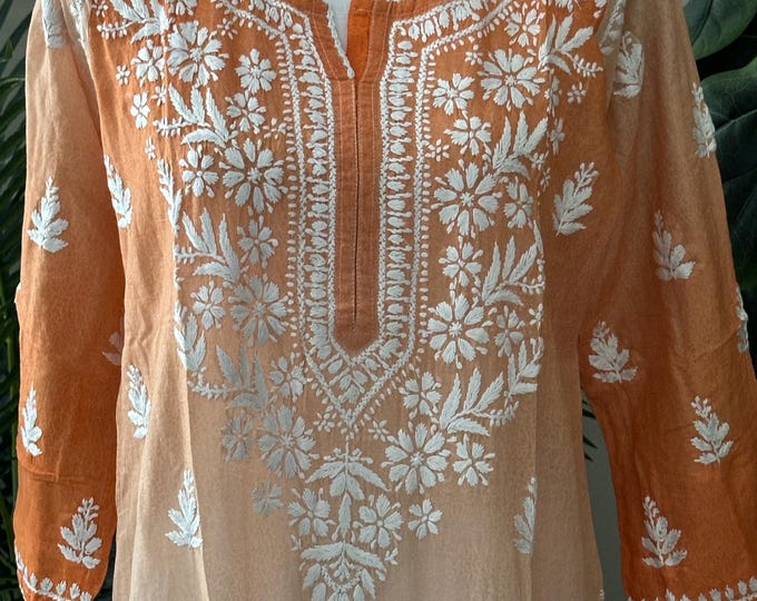 Orange Floral Printed Chikankari Kurta on Soft Cotton / Free Shipping in US