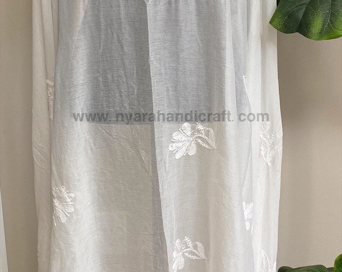 Chikankari Dupatta on Chiffon with Crochet Lace / Embroidery designs vary/ Off White