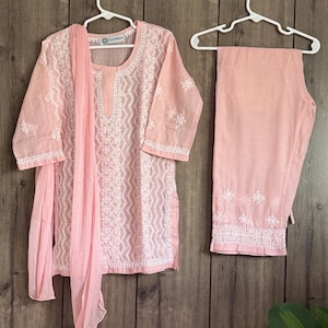 Peachy Pink Chikankari Girls Kurta Pants Set / Soft Cotton /Free Shipping in US