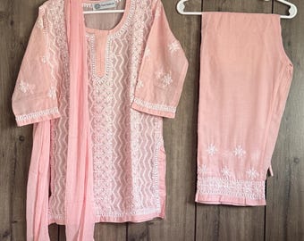 Peachy Pink Chikankari Girls Kurta Pants Set / Soft Cotton /Free Shipping in US