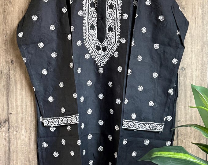 Plus Size Black Kurta for Men  / Chikankari Hand Embroidered / Free Shipping in US