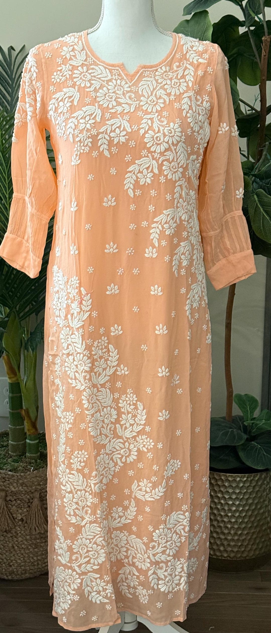 Peach tunic with jamdani detailing main image 1
