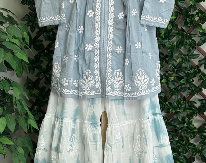 Chikankari Blue Gray Kurti and Tie-dye Sharara on Pure Cotton / Free Shipping in US