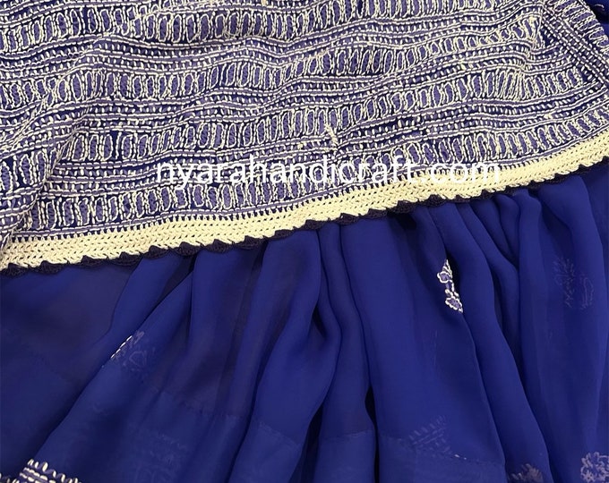 Royal Blue Chikankari Saree on Georgette / Petticoat included /Free Shipping