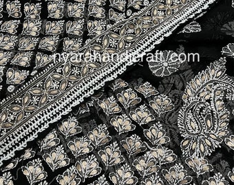 Lucknow Chikankari Black Saree with Petticoat / Hand Embroidery /Free Shipping in US