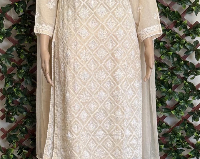 Beige Chikankari Kurta with Cut-dana Add ons / Pants and Dupatta included /Free Shipping in US