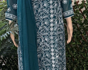 Teal Lucknow Chikankari Georgette Suit / 4 pc set  /FREE SHIPPING in US