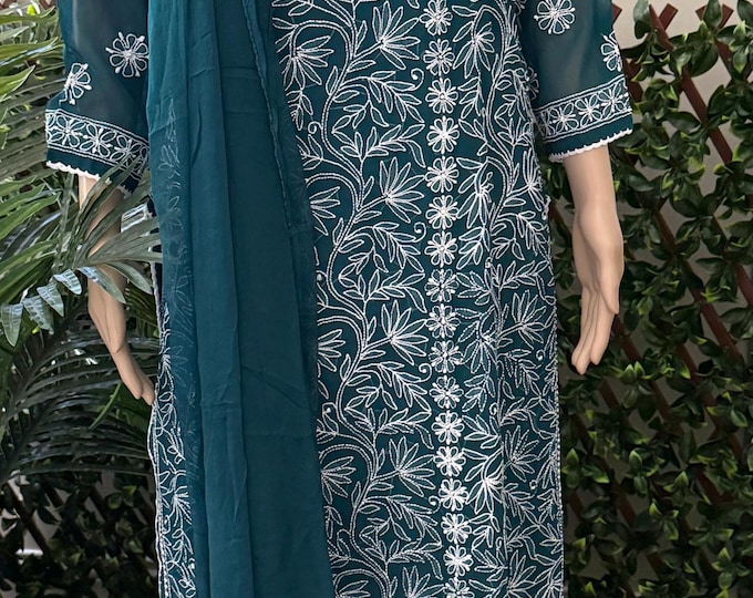 Teal Lucknow Chikankari Georgette Suit / 4 pc set  /FREE SHIPPING in US