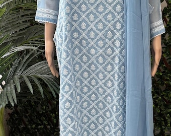 Blue Lucknow Chikankari Georgette Suit / 4 pc set / FREE SHIPPING in US