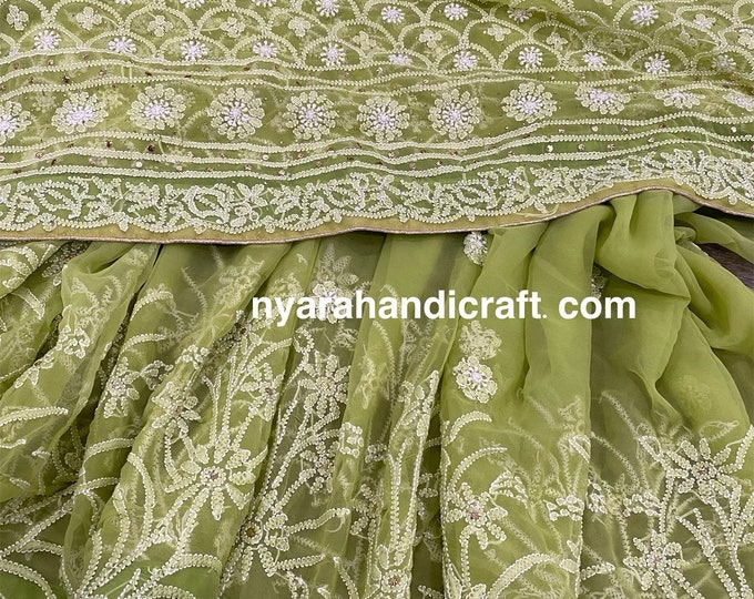 Lime Green Chikankari Saree on georgette/ Petticoat included and Fall Attached/Free Shipping
