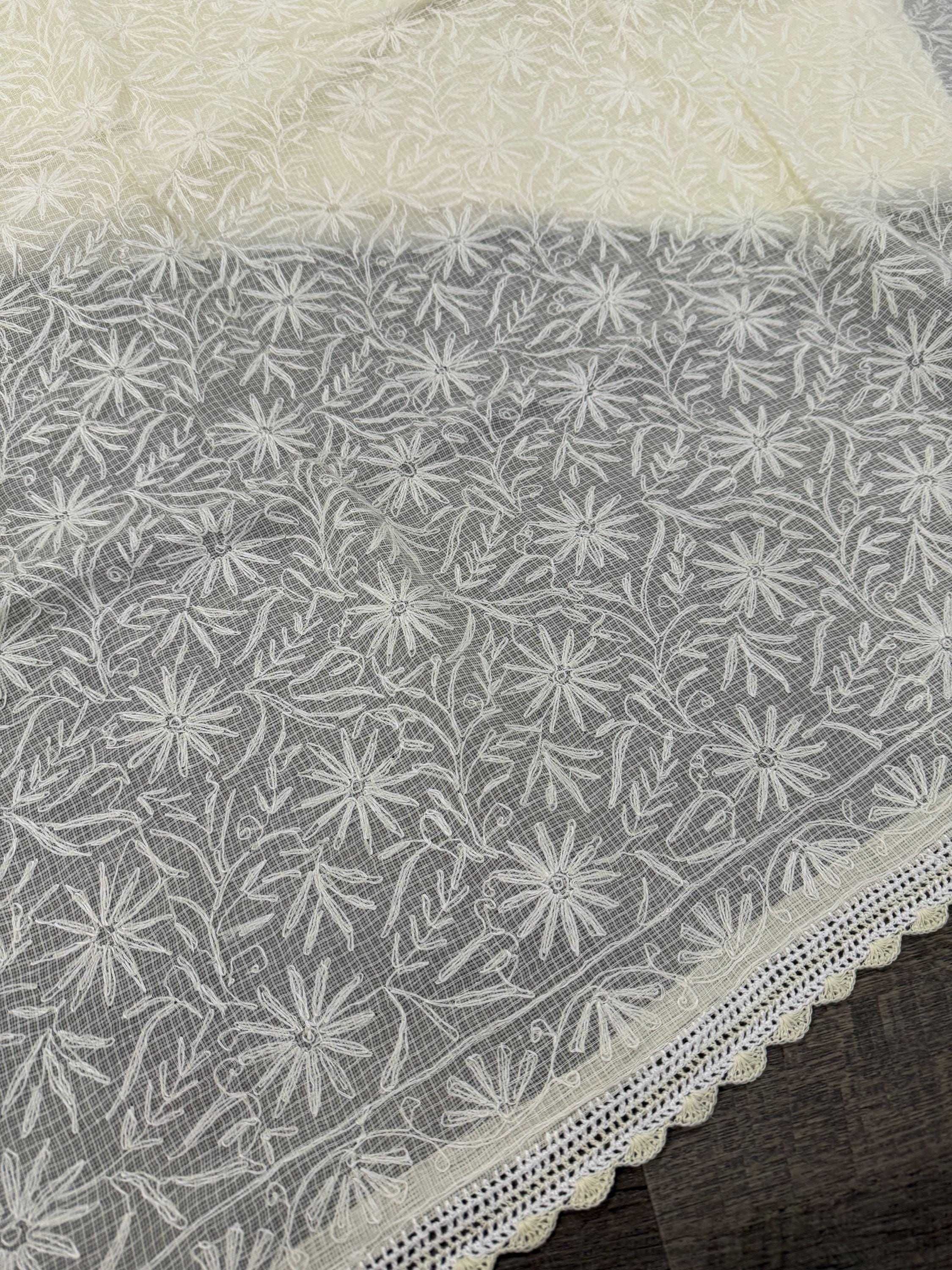 Cream Pure Kota Cotton Chikankari Saree / Fall and petticoat included/ Free Shipping