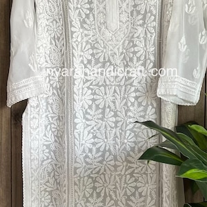 Lucknow Chikankari White Kurta on Georgette / Liner Included/FREE SHIPPING in US