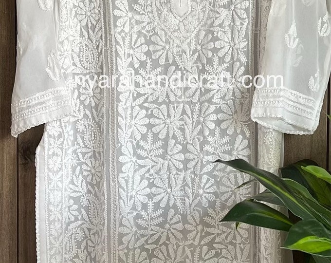 Lucknow Chikankari White Kurta on Georgette / Liner Included/FREE SHIPPING in US