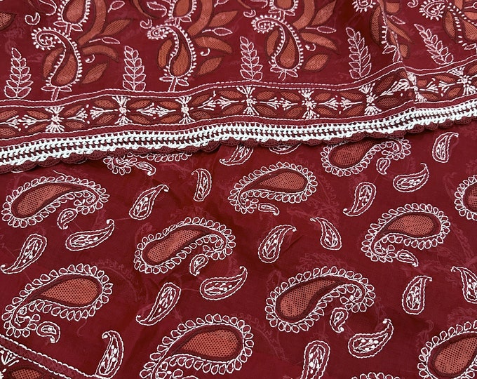 Maroon Chikankari Cotton Saree with Petticoat / Heavy all over hand embroidery /Free Shipping in US