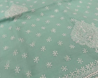 Mint Green Chikankari Cotton Saree / Fall and Petticoat included/ Free Shipping