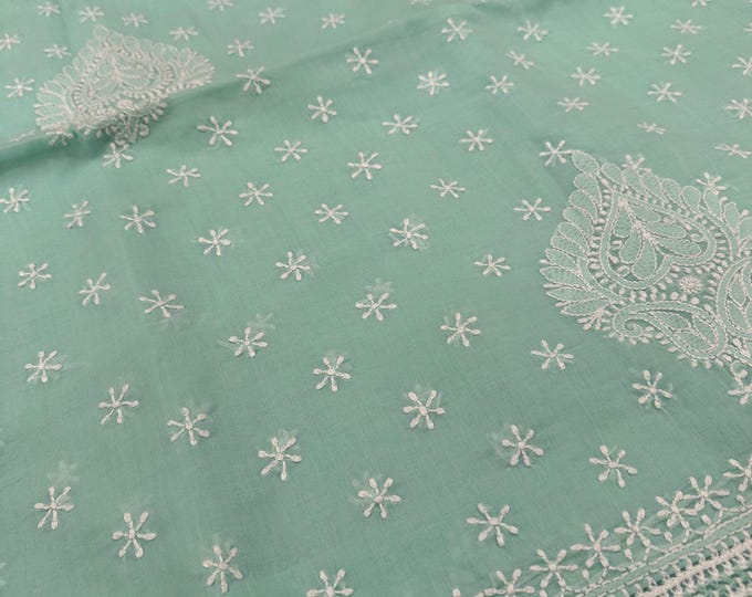 Mint Green Chikankari Cotton Saree / Fall and Petticoat included/ Free Shipping