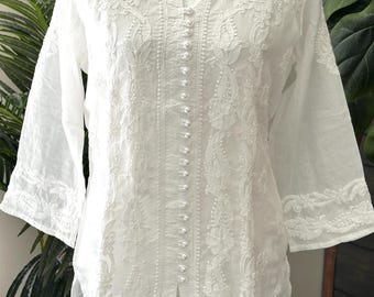 Hand Embroidered White Blouse Kurti / Lucknow Chikankari on Soft Cotton / Free Shipping in US