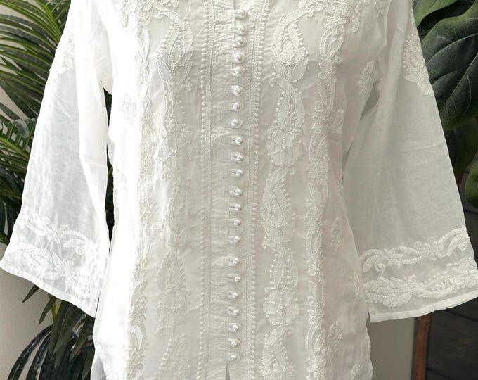 Hand Embroidered White Blouse Kurti / Lucknow Chikankari on Soft Cotton / Free Shipping in US