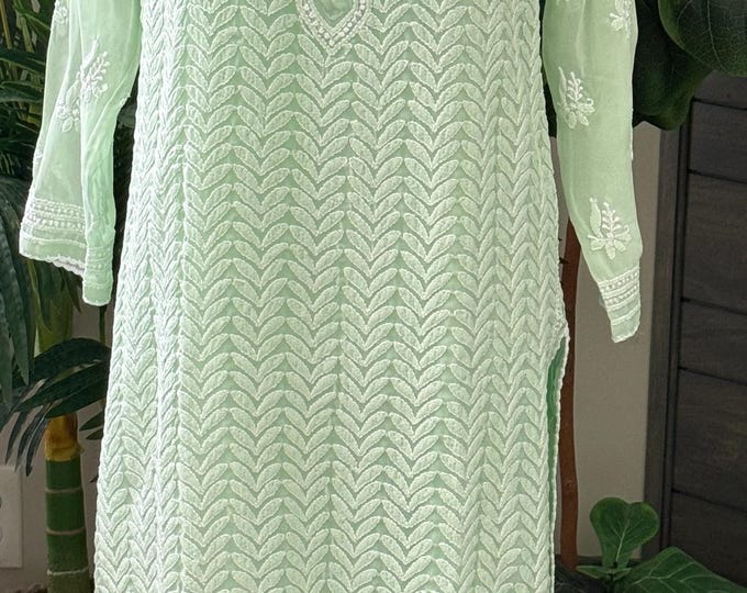Mint Green Chikankari Georgette Kurta / Liner Included / Free Shipping in US