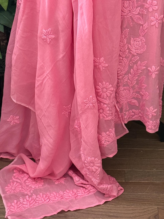 Lucknow Chikankari Pink Kurta and Dupatta Set / in US