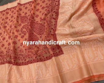 Chikankari Saree on Chanderi Silk with Jamawar Border/ Fall and petticoat included/ Free Shipping in US