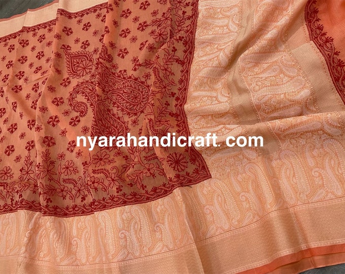 Chikankari Saree on Chanderi Silk with Jamawar Border/ Fall and petticoat included/ Free Shipping in US