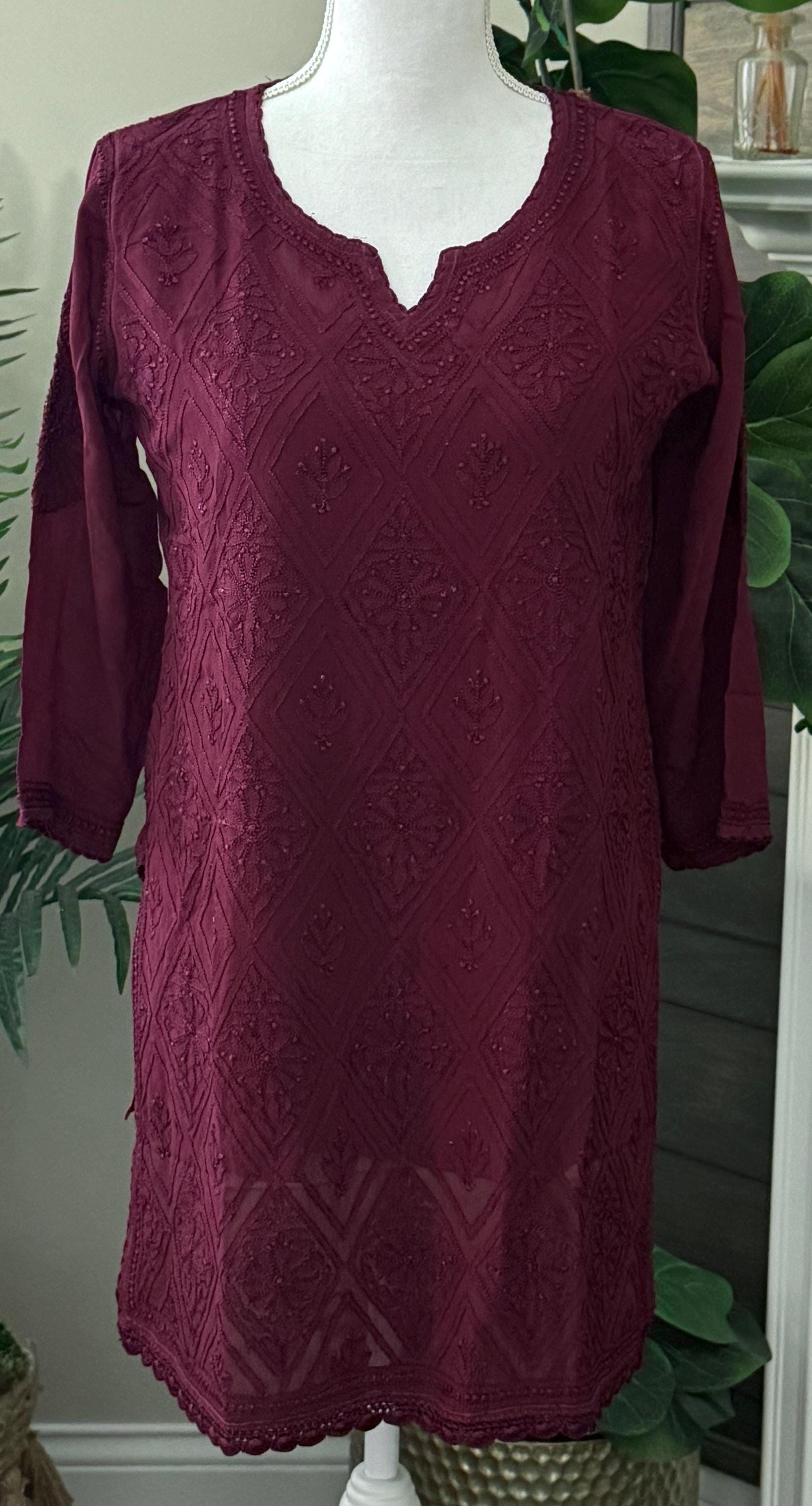 Hand Embroidered Wine Blouse Short Kurti on Fine Georgette  /Lucknow Chikankari /  Free Shipping in US