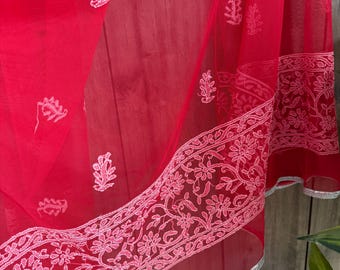 Red Net Dupatta with Chikankari Hand Embroidery /Free Shipping in UD