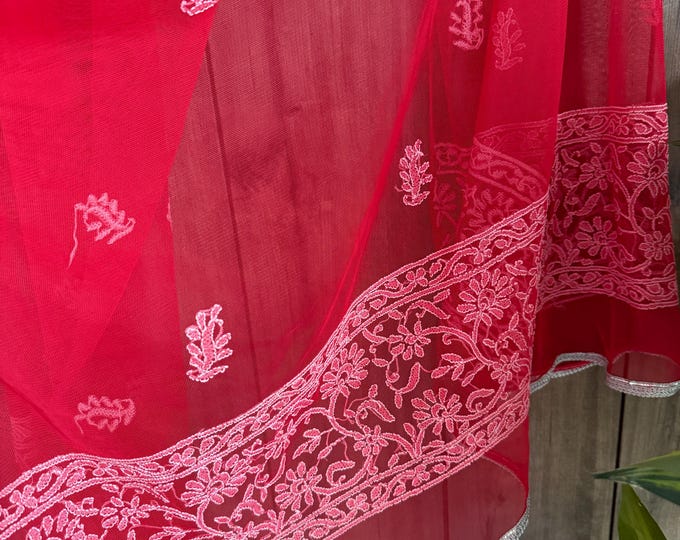 Red Net Dupatta with Chikankari Hand Embroidery /Free Shipping in UD