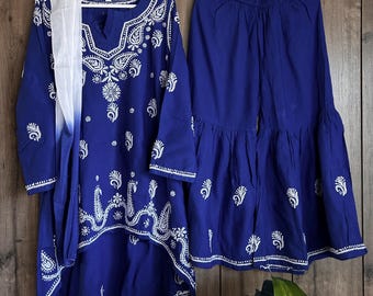 Girls Royal Blue Kurta Palazzo Chikankari Set /Soft Modal Cotton /Free Shipping in US