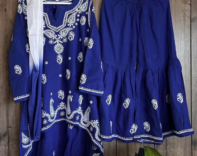 Girls Royal Blue Kurta Palazzo Chikankari Set /Soft Modal Cotton /Free Shipping in US