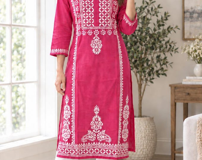 Hot Pink Chikankari Kurta on Cotton/Free Shipping in US