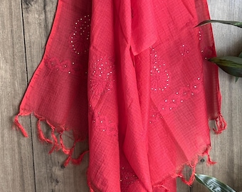 Chikankari Red Kota Doria  Dupatta / Scarf / Shawl /Free Shipping in US