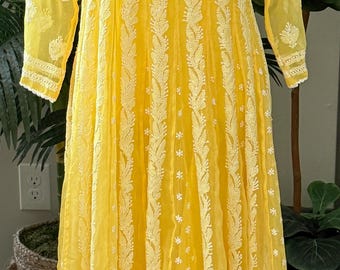 Yellow Lucknow Chikankari Anarkali / Liner Included /FREE SHIPPING