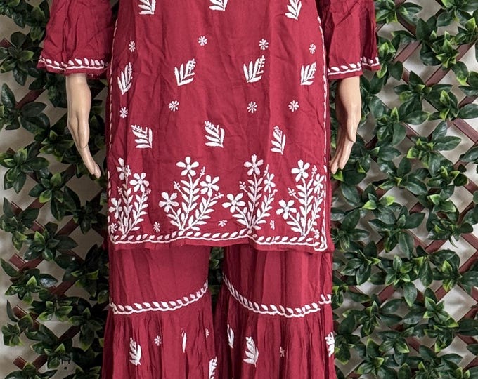 Chikankari Maroon Short Kurta and Sharara / Soft Modal Cotton / Hand embroidered /Free Shipping in US