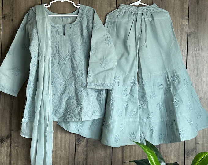 Girls Gray Short Kurta and Sharara Set / Soft Cotton /Free Shipping in US