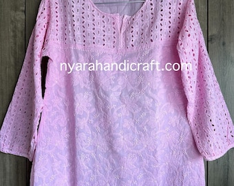 Pink Chikankari Pure Cotton Blouse  / Short Kurti / Hand Embroidered /Free Shipping in US