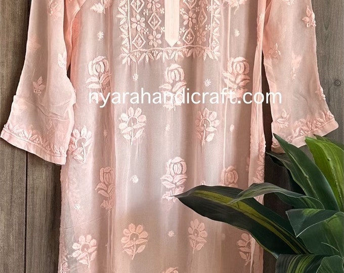 Lucknow Chikankari Peach Kurta / Fine Georgette / Liner included/ Free Shipping in US