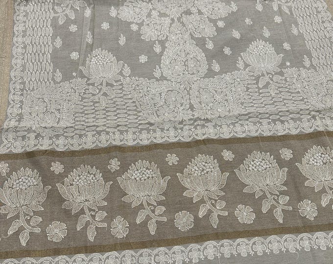 Cotton Silk Tissue White Chikankari Saree   / Fall and Petticoat included/ Free Shipping