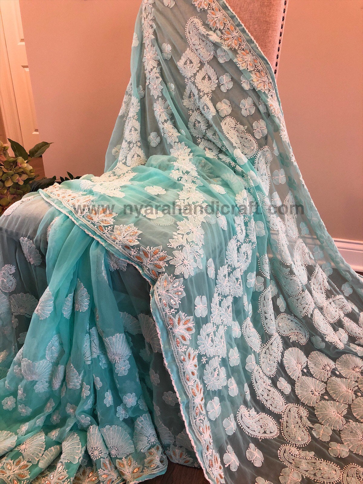 Red - Lucknow Chikankari Hand Embroidery Gota Patti Work Georgette palazzo (Free Size)