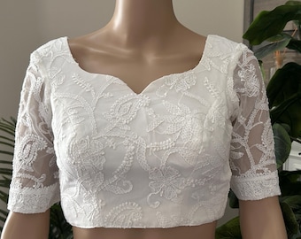 White Chikankari Saree Blouse / Free Shipping in US