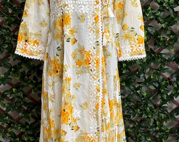 Pure Cotton Floral Print Chikankari Angarkha / Free Shipping in US