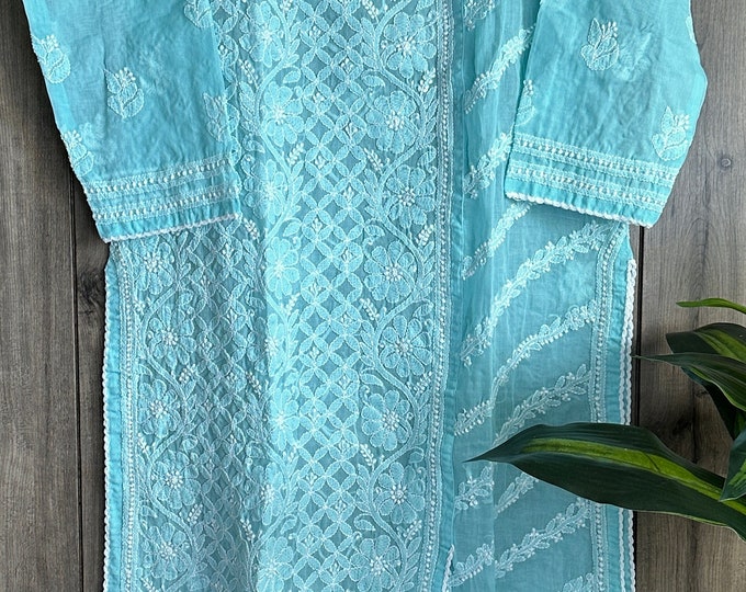 Lucknow Chikankari Blue Kurta /  Soft Malmal Cotton /Free Shipping in US