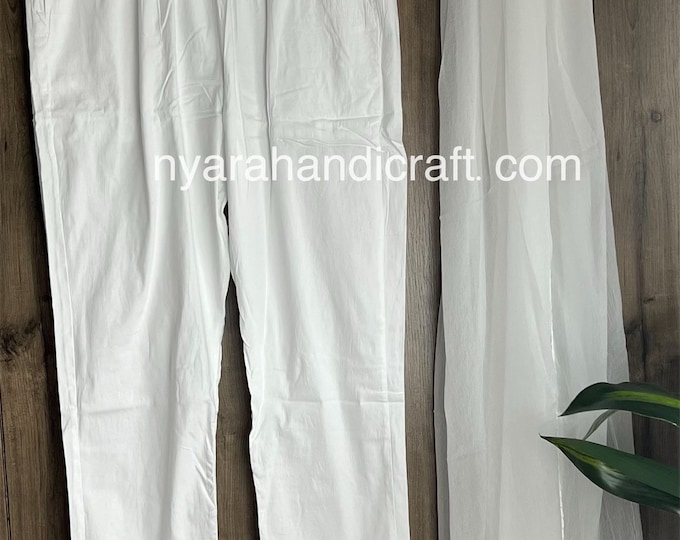 White Cotton Pants and Chiffon Dupatta / Stretchable Ankle Length Pants